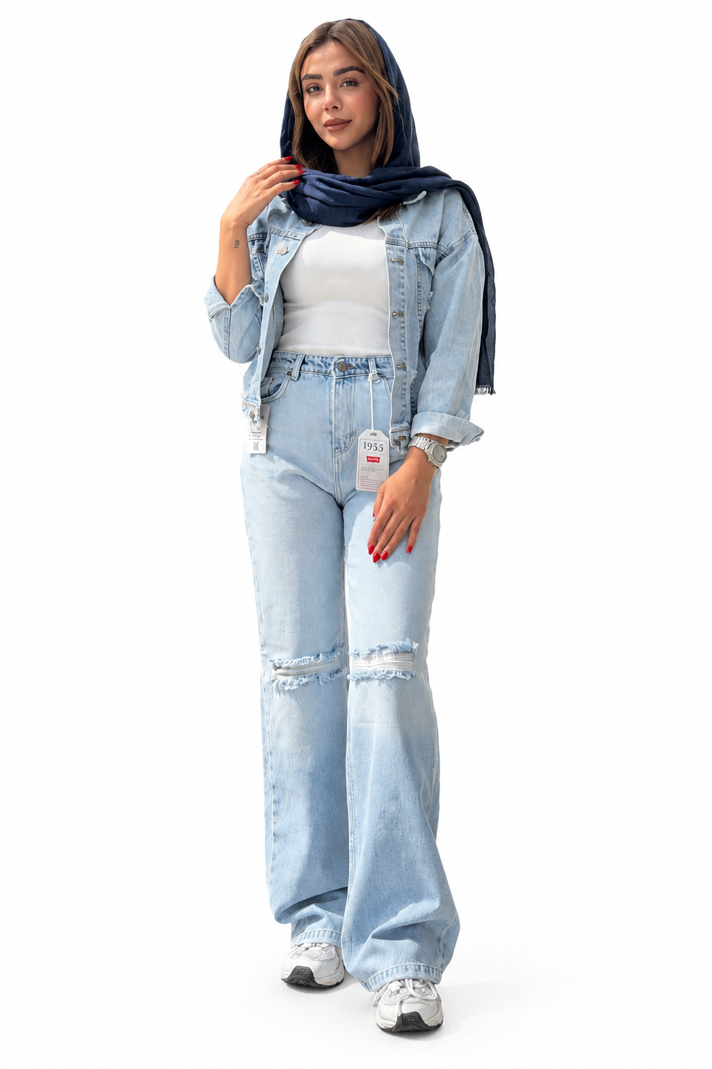 شلوار نیم بگ زنانه آبی روشن زانو زاپ دار قد ۱۱۰